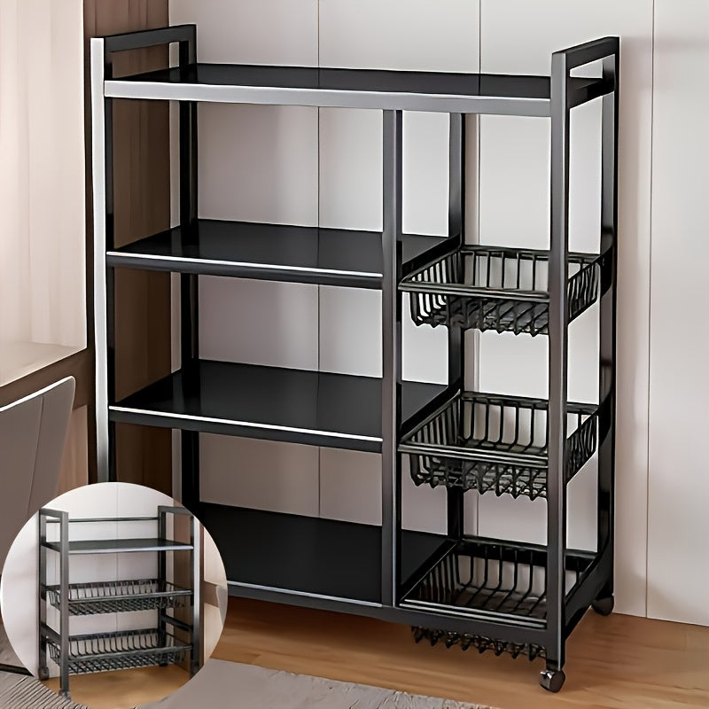 4-Tier Rolling Storage Rack with Baskets, Metal Utility Shelf on Wheel ...