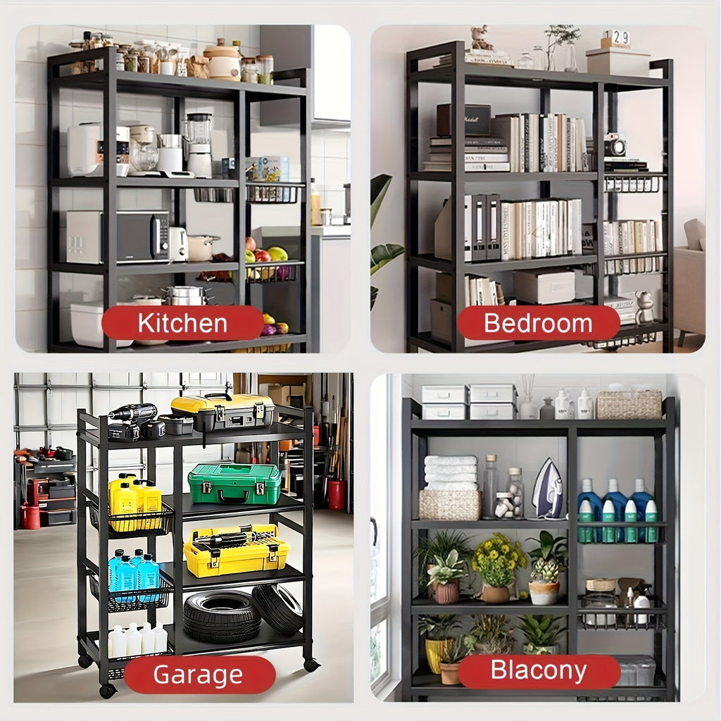 4-Tier Rolling Storage Rack with Baskets, Metal Utility Shelf on Wheel ...